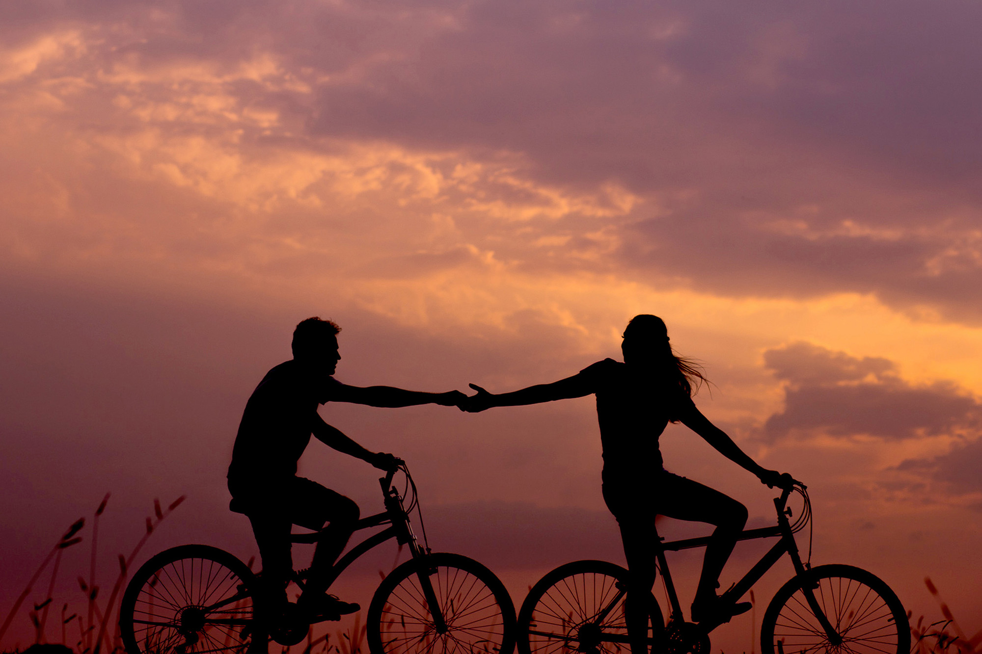 A couple riding bikes in the sunset